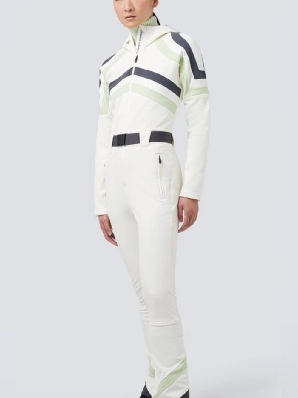 Perfect Moment Tignes Over-The-Boot OTB Ski Suit White & Green Chevron Jumpsuit